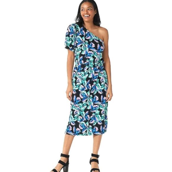 G.I.L.I. Women's Black/Floral One Shoulder Printed Knit Dress Size 1x - Picture 1 of 10